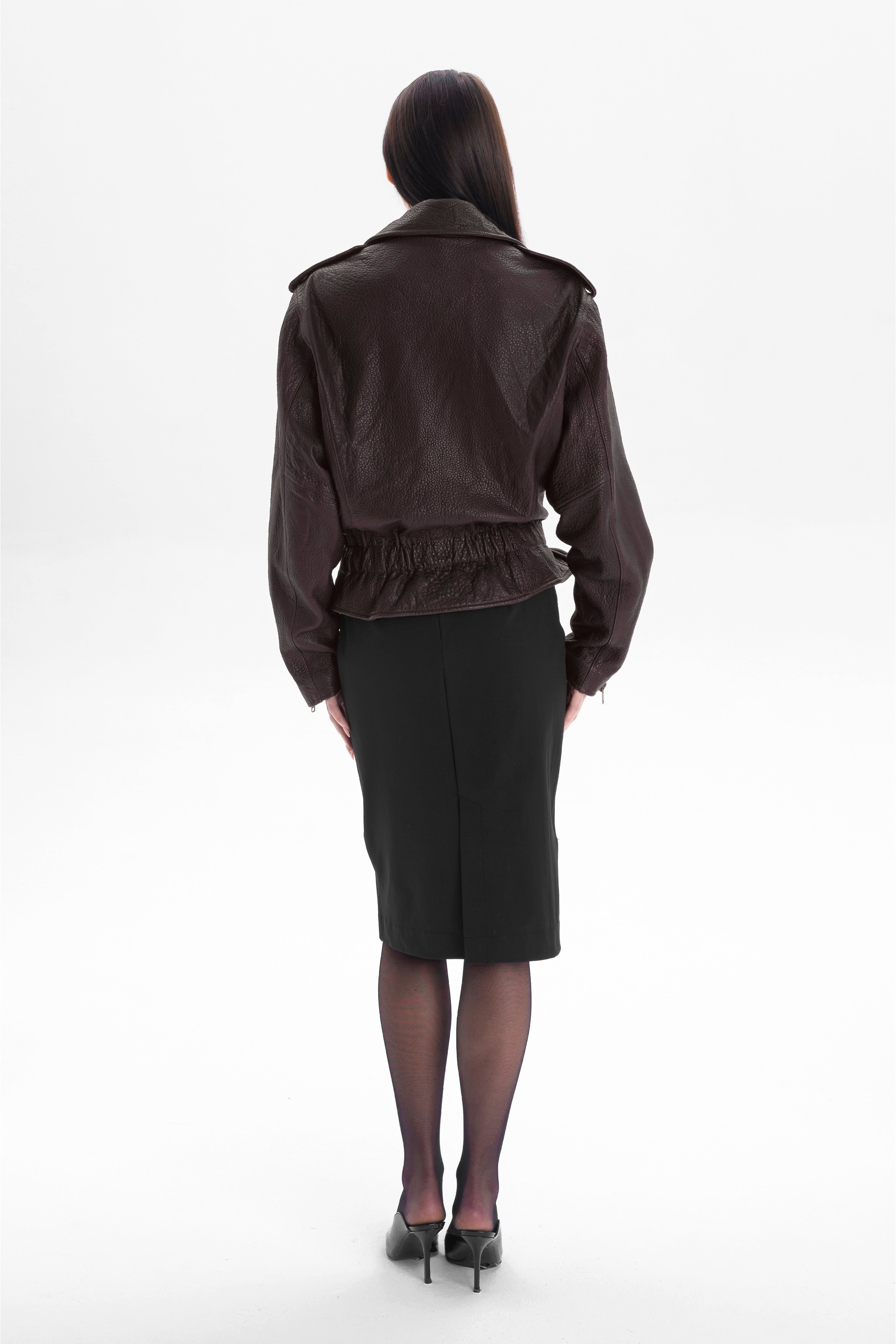 LIBERTE retro waisted biker jacket in chocolate texture leather