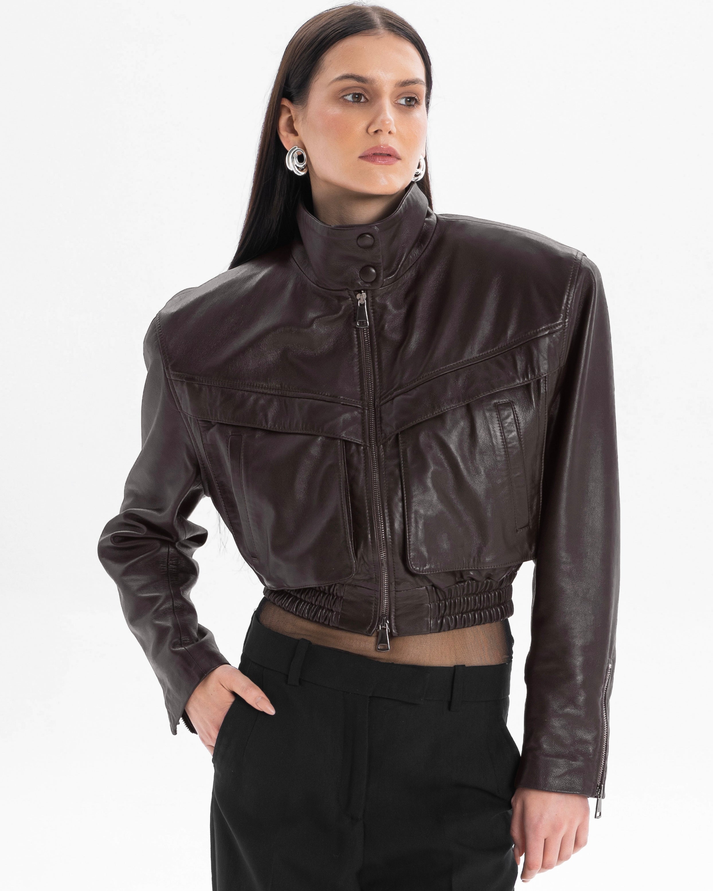 TRANQUILLITÉ cropped bomber jacket in dark chocolate leather