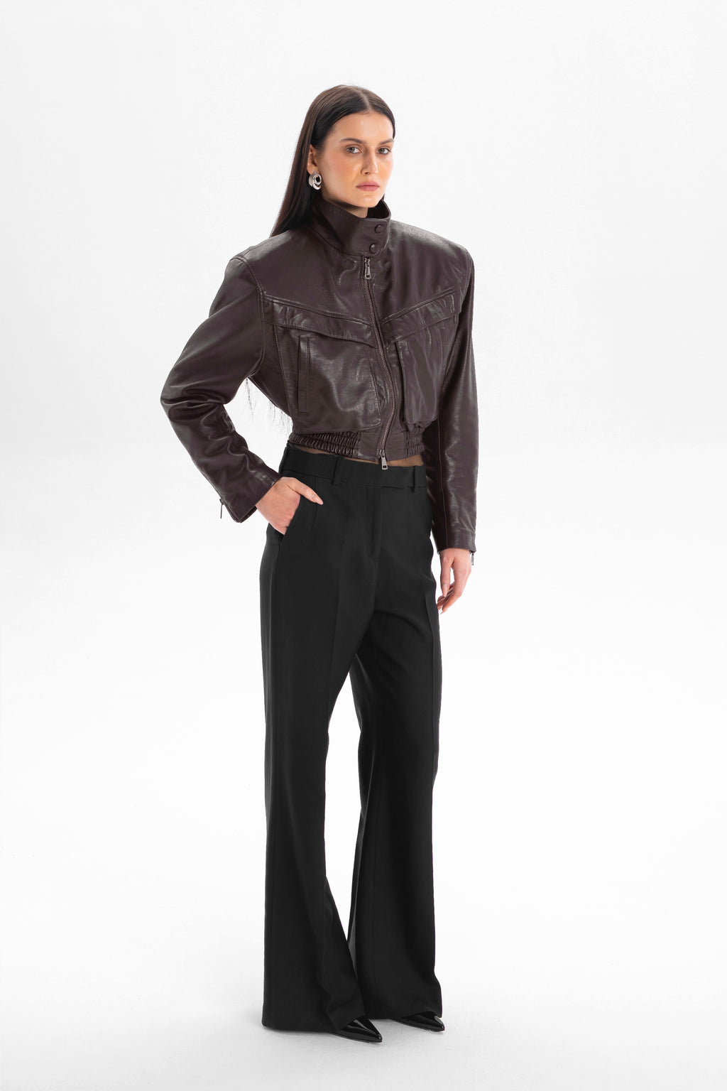 TRANQUILLITÉ cropped bomber jacket in dark chocolate leather