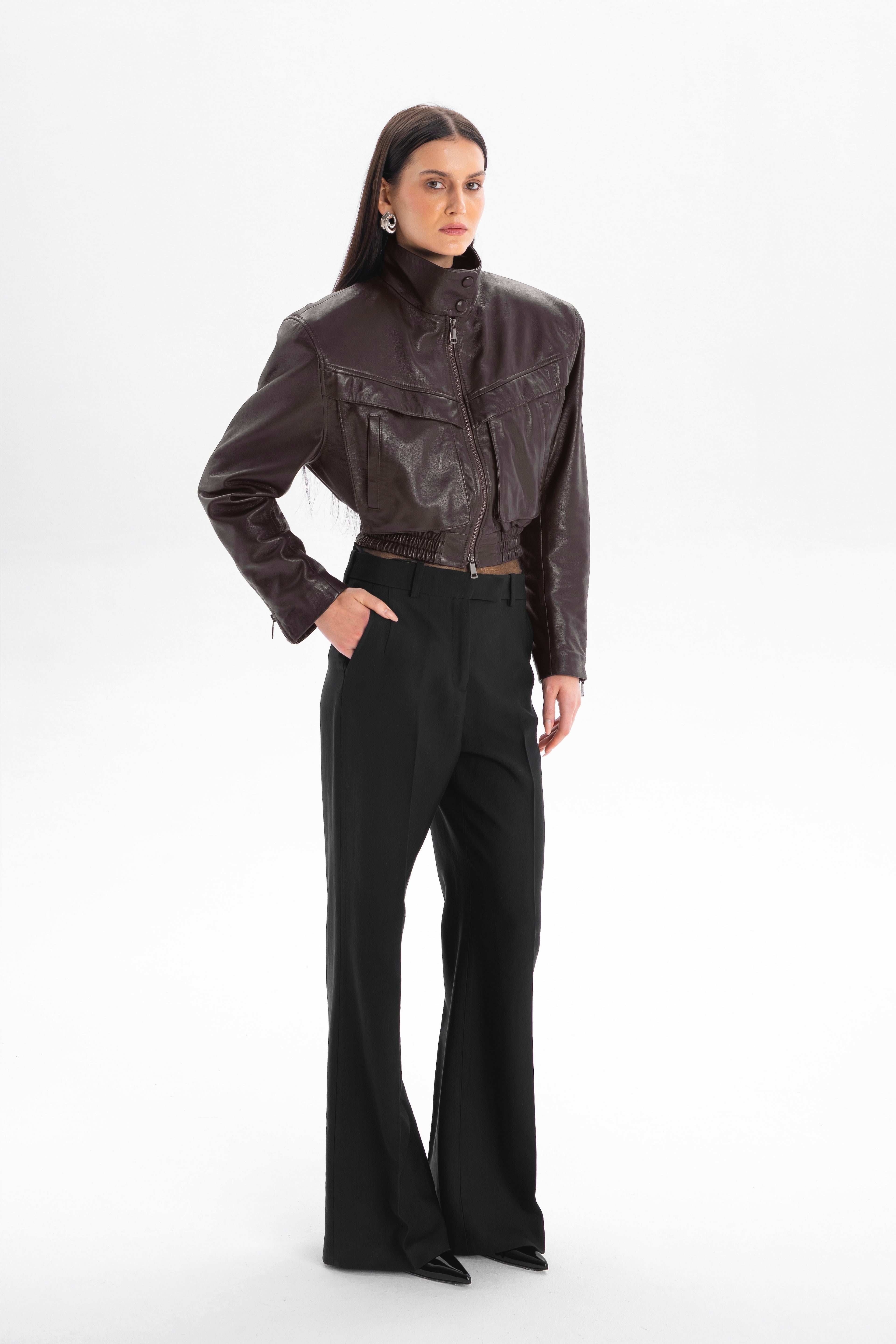 TRANQUILLITÉ cropped bomber jacket in dark chocolate leather