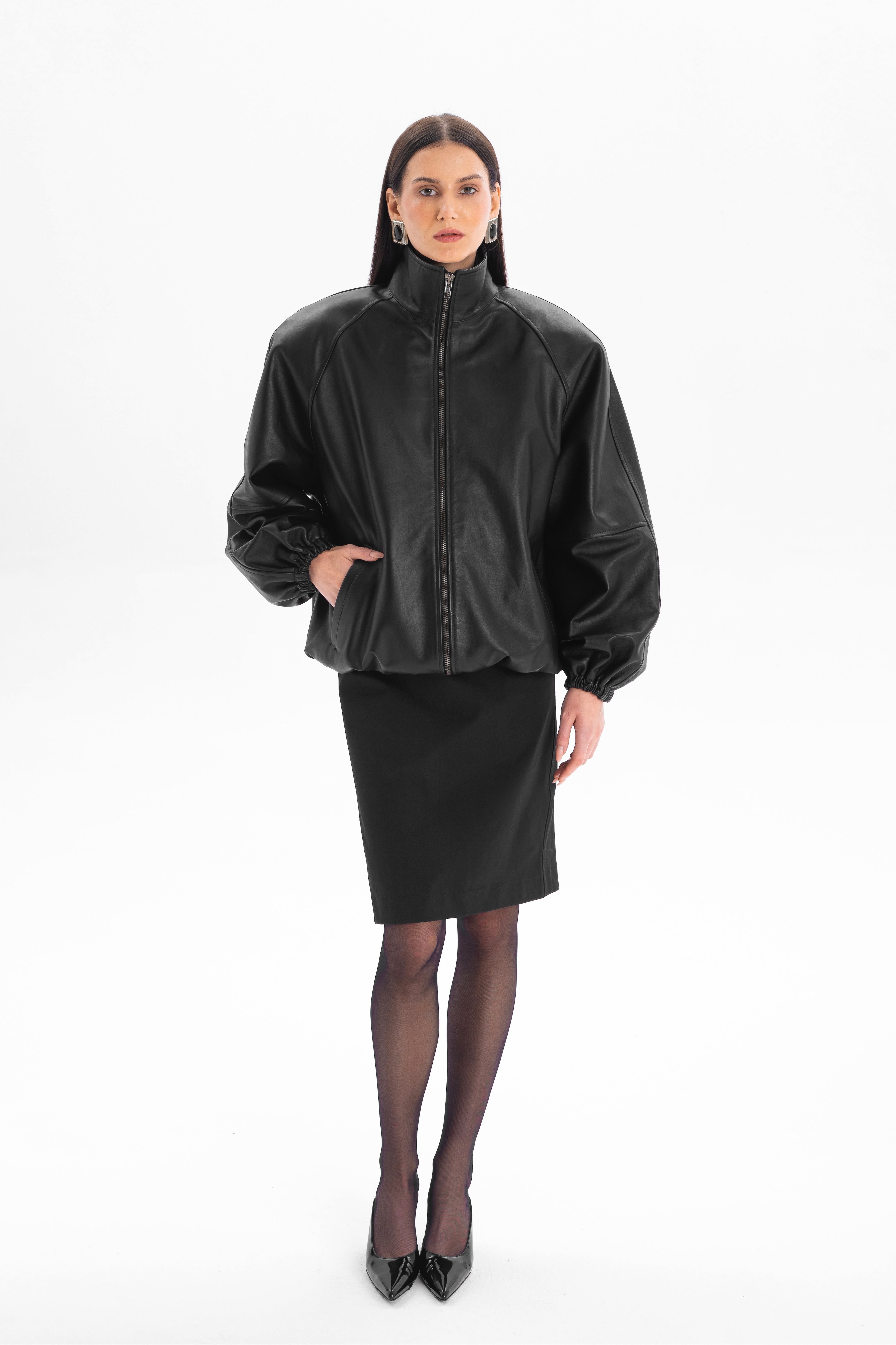 CALME oversized bomber jacket with collar in black leather