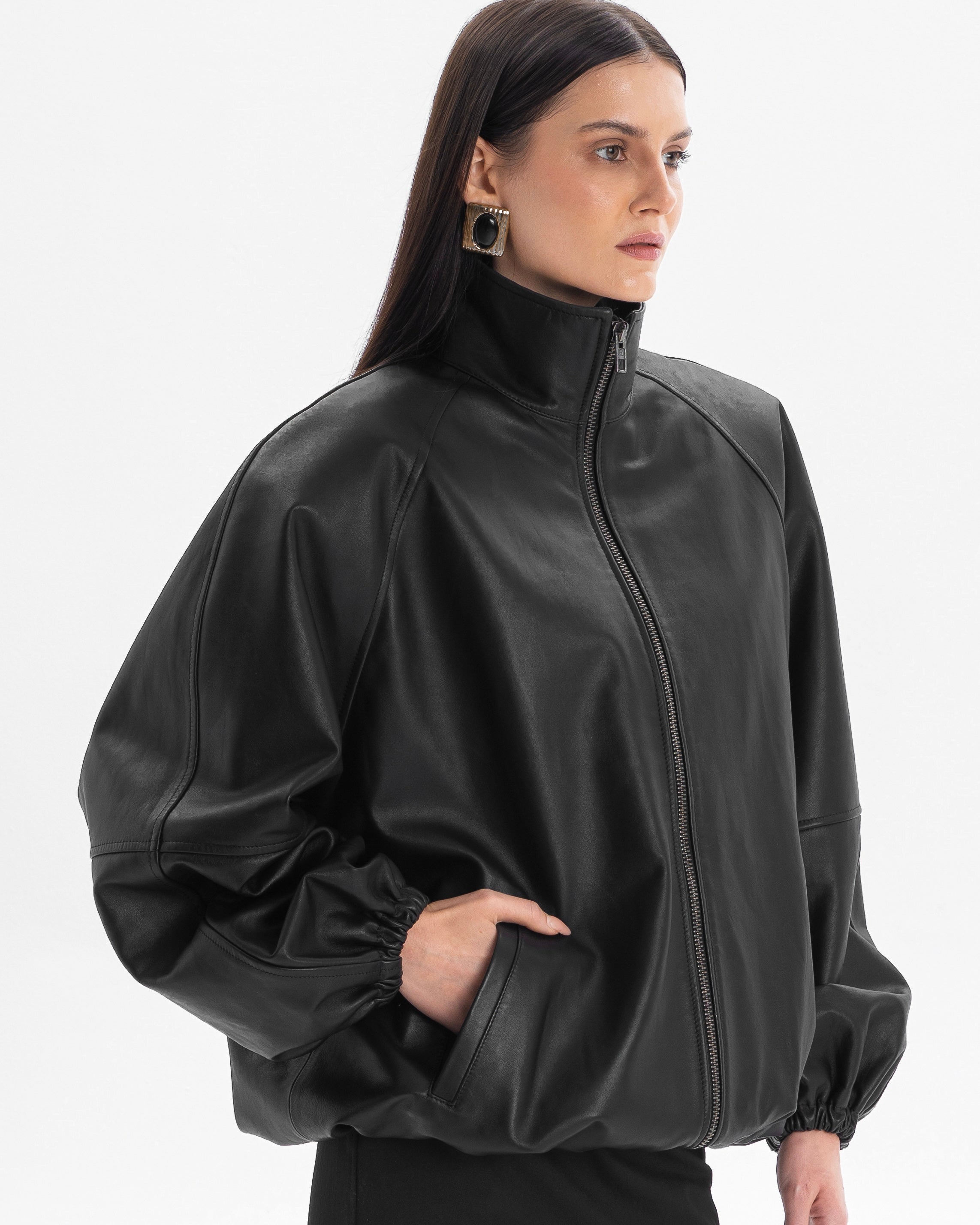 CALME oversized bomber jacket with collar in black leather