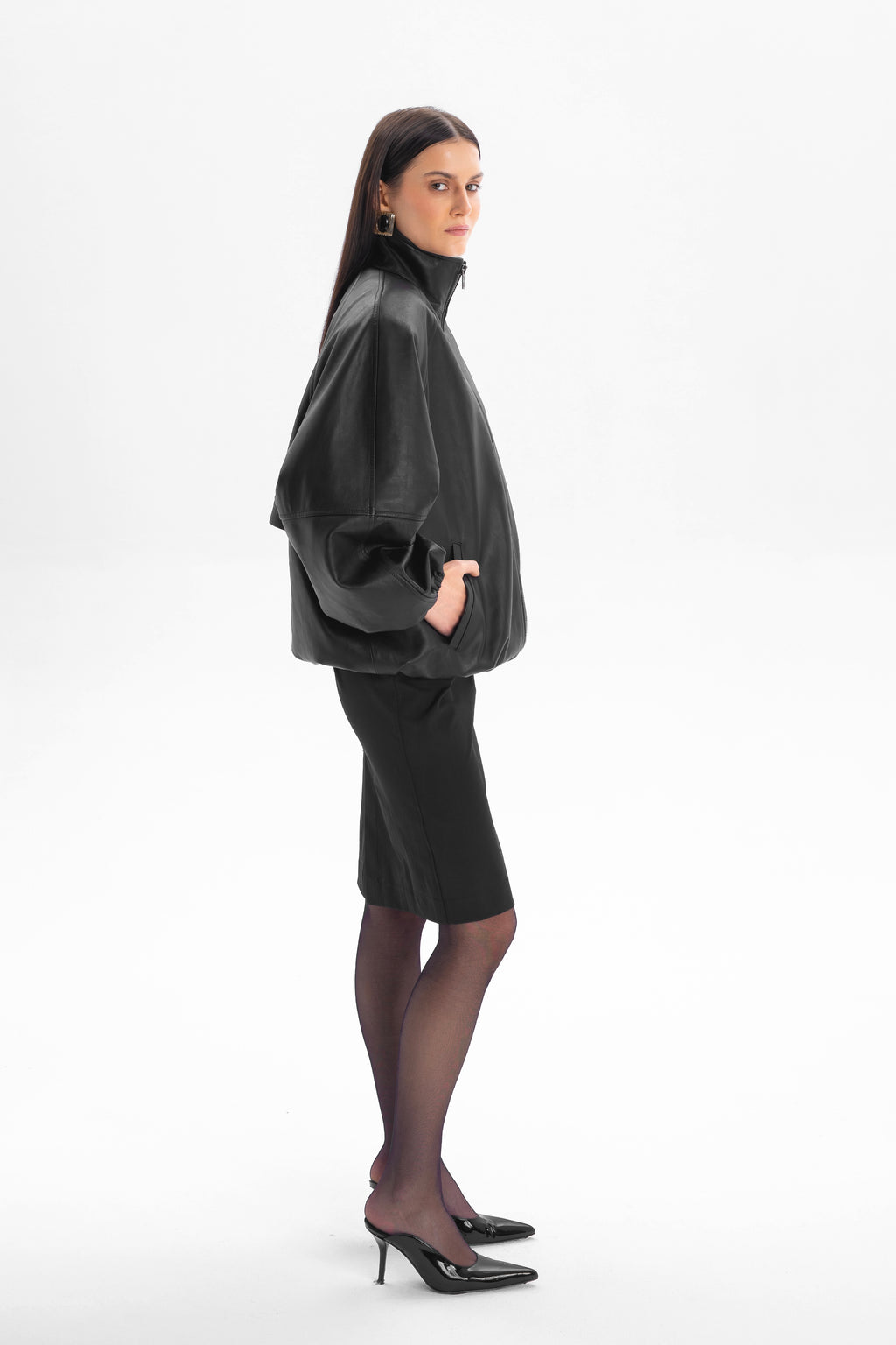 CALME oversized bomber jacket with collar in black leather