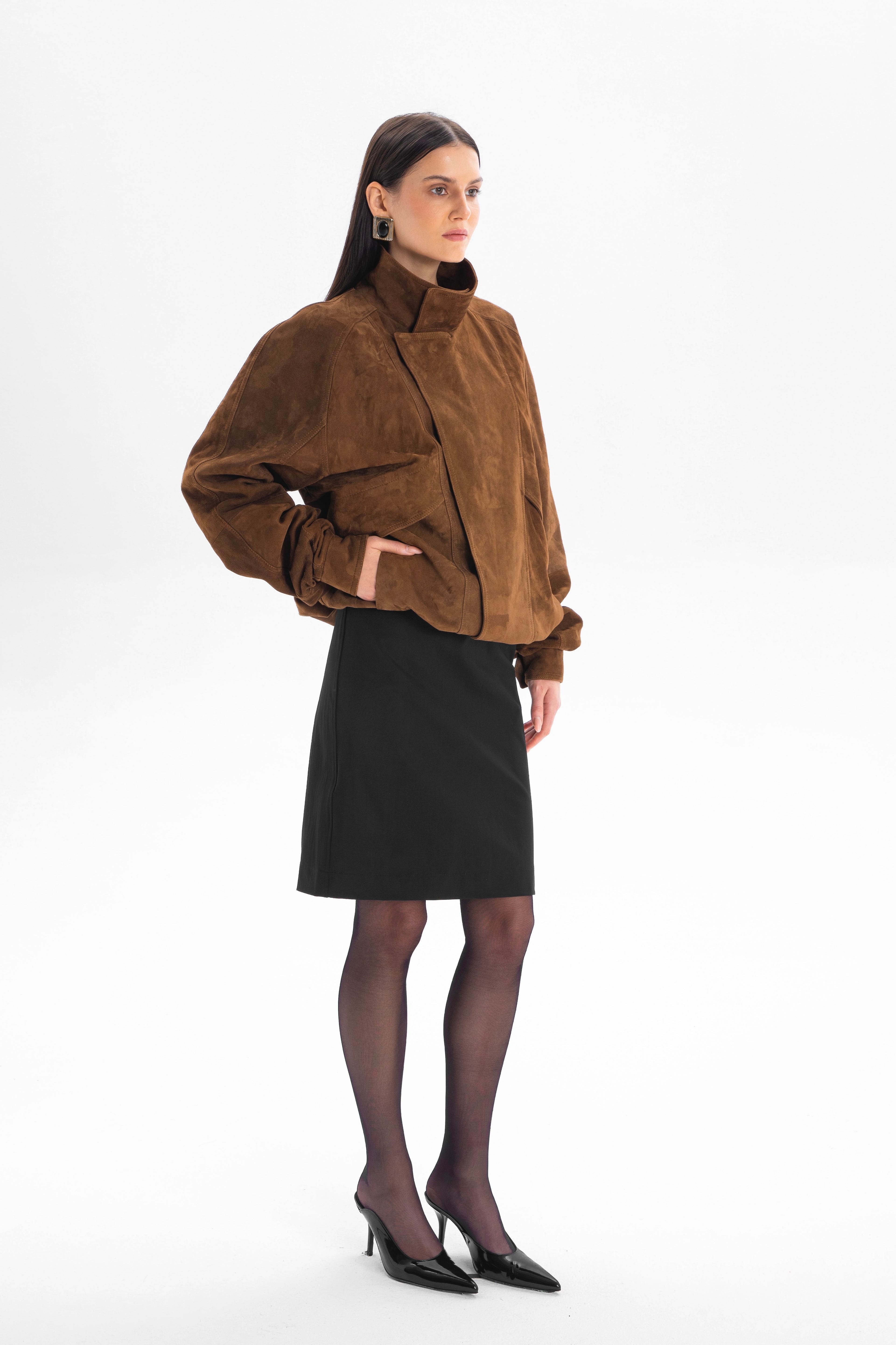 DÉVOUEMENT bomber jacket with collar in caramel suede