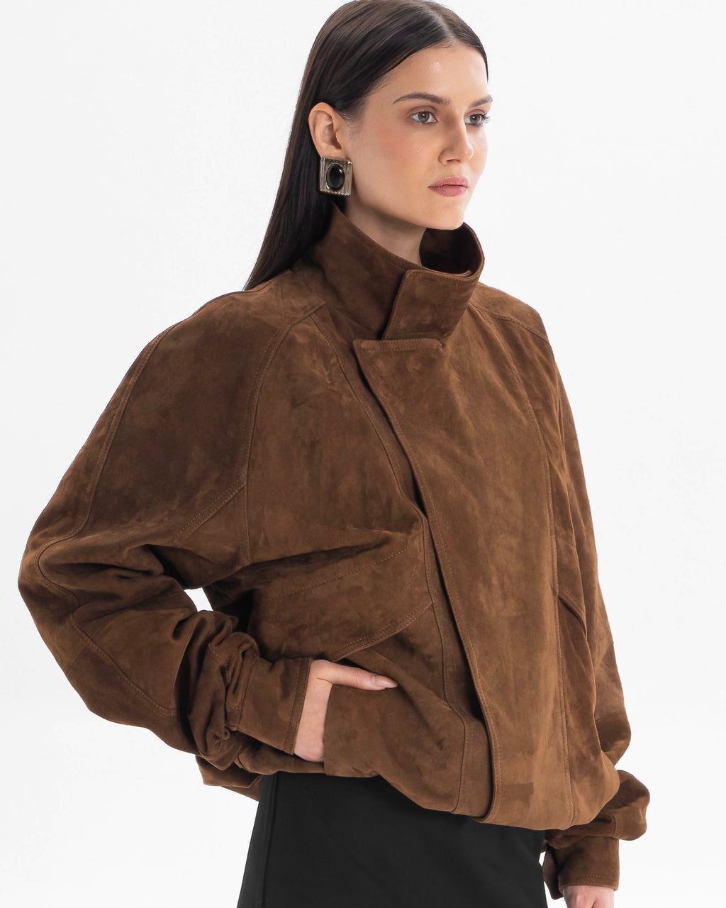DÉVOUEMENT bomber jacket with collar in caramel suede