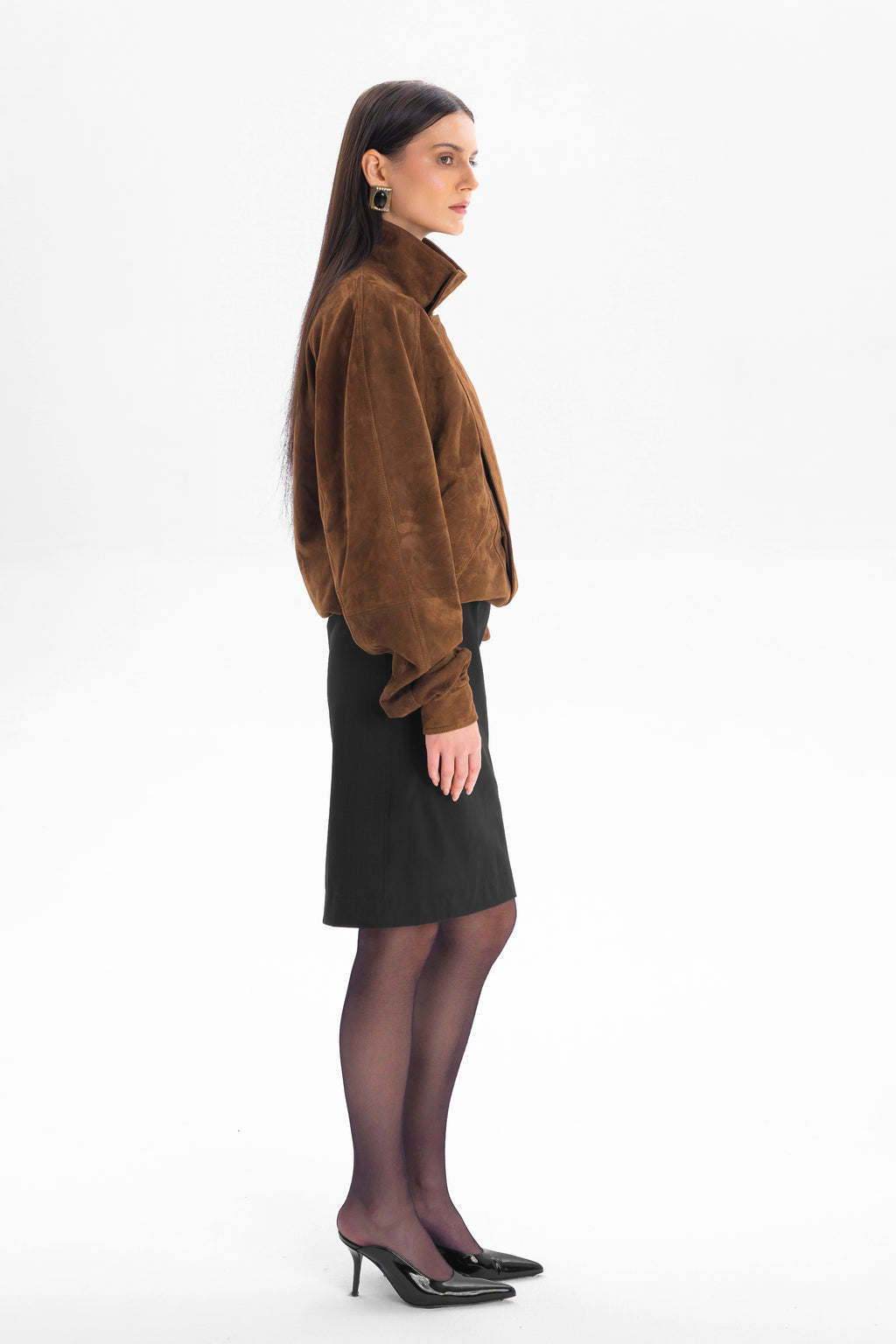 DÉVOUEMENT bomber jacket with collar in caramel suede