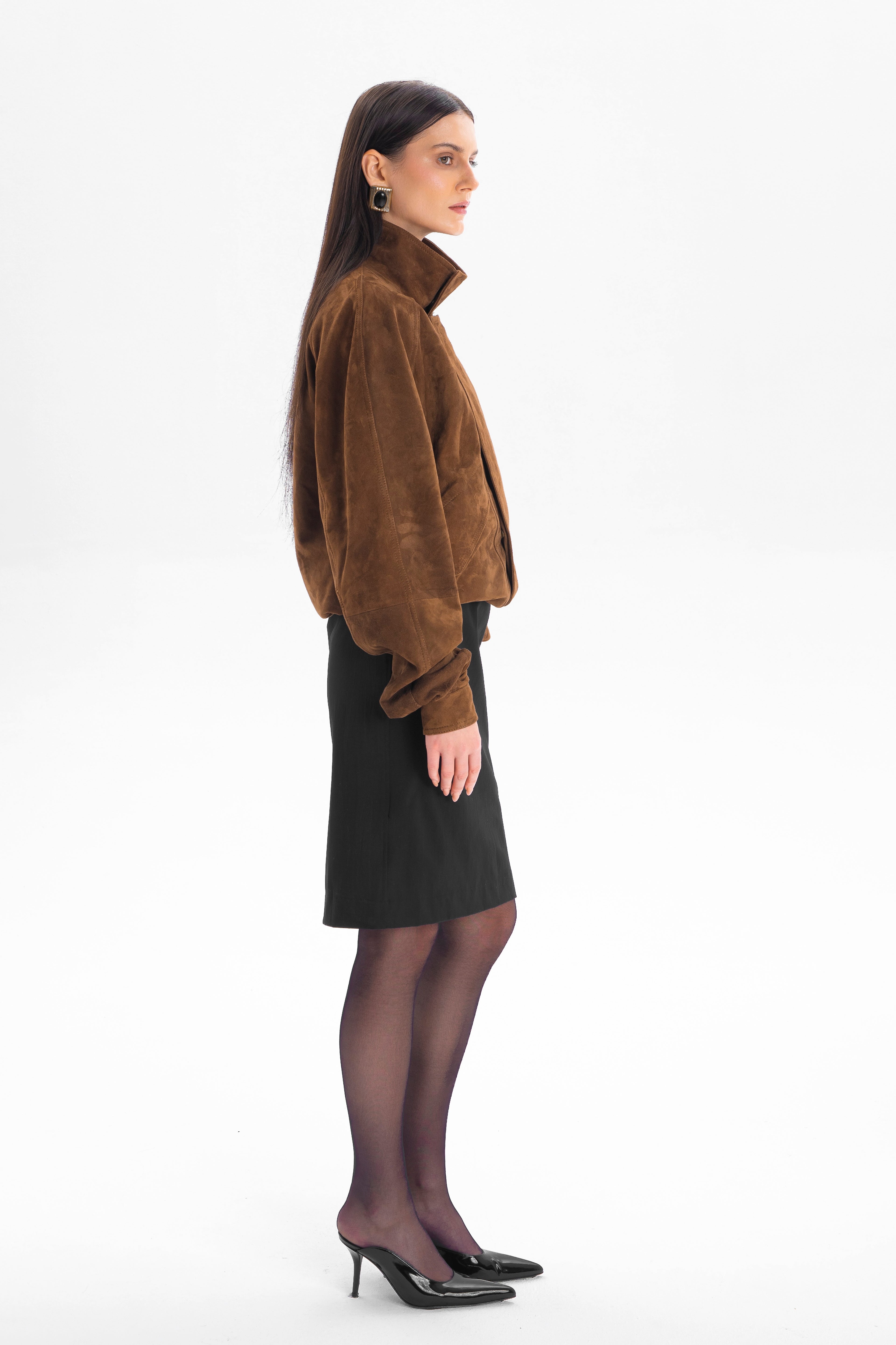 DÉVOUEMENT bomber jacket with collar in caramel suede