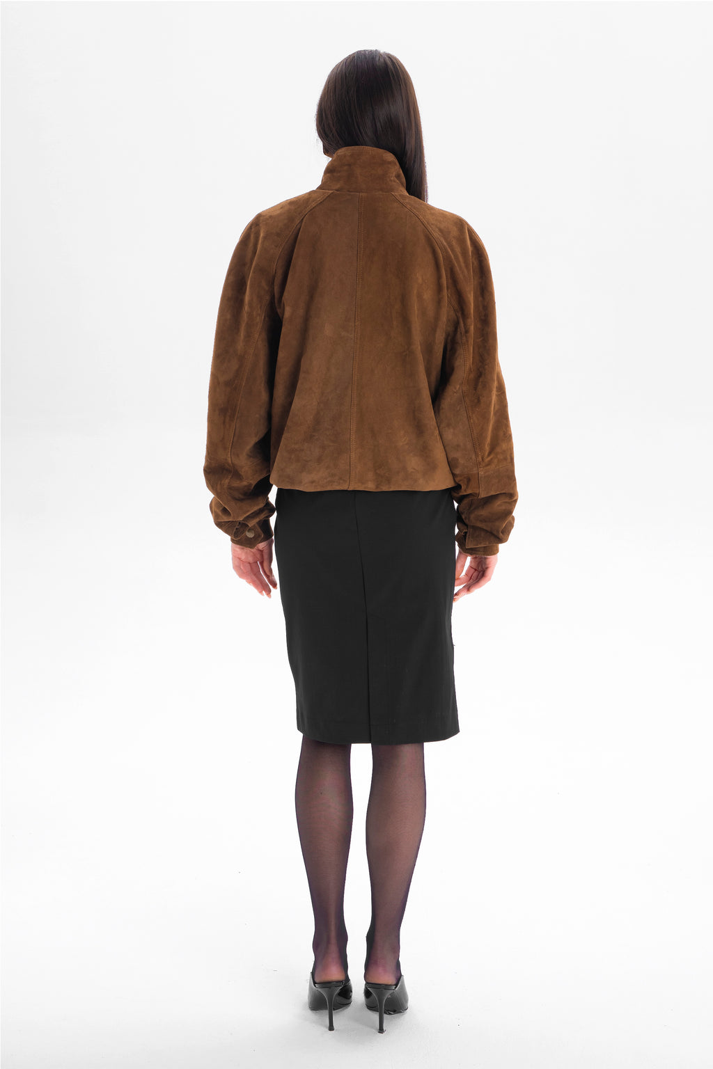 DÉVOUEMENT bomber jacket with collar in caramel suede
