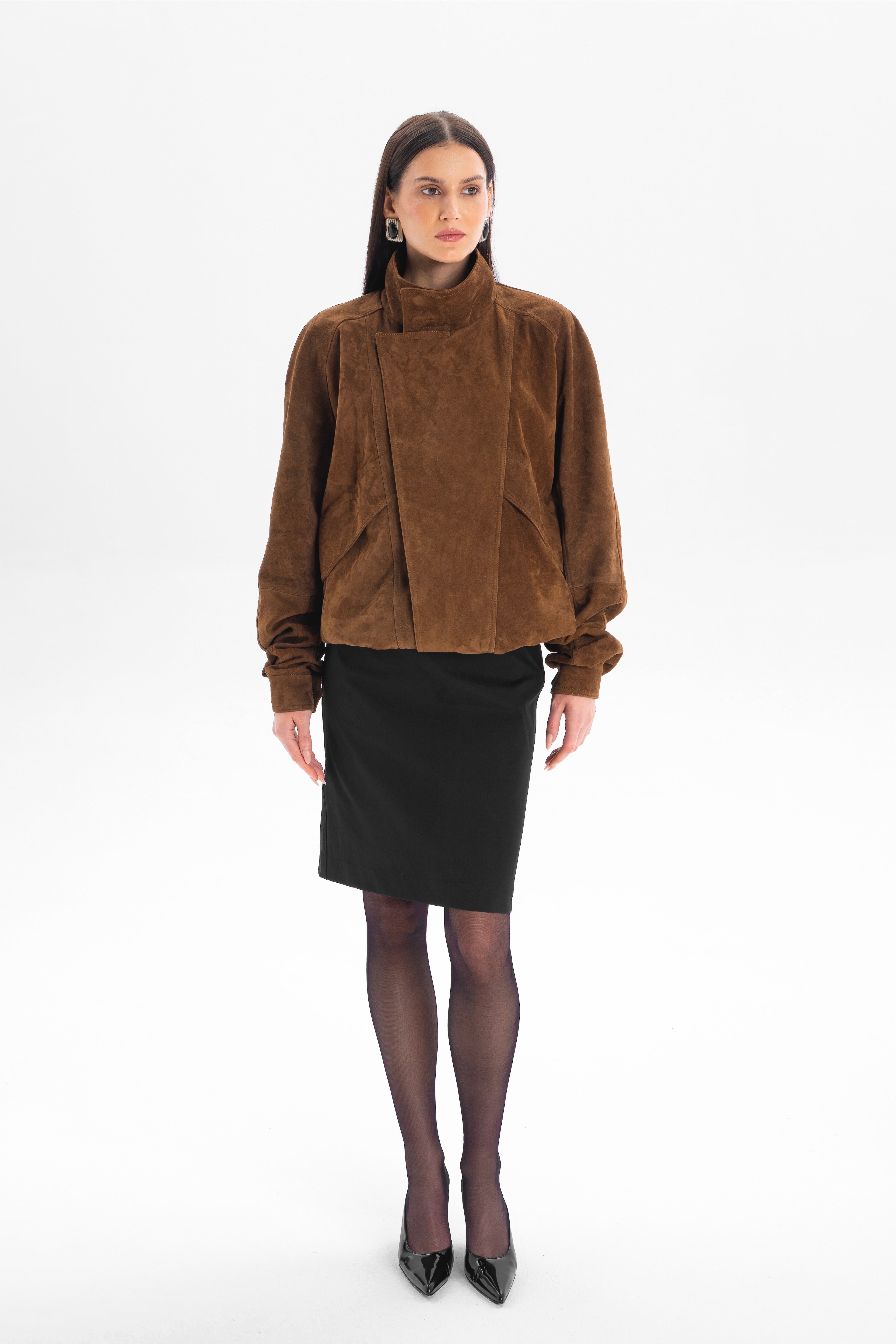 DÉVOUEMENT bomber jacket with collar in caramel suede