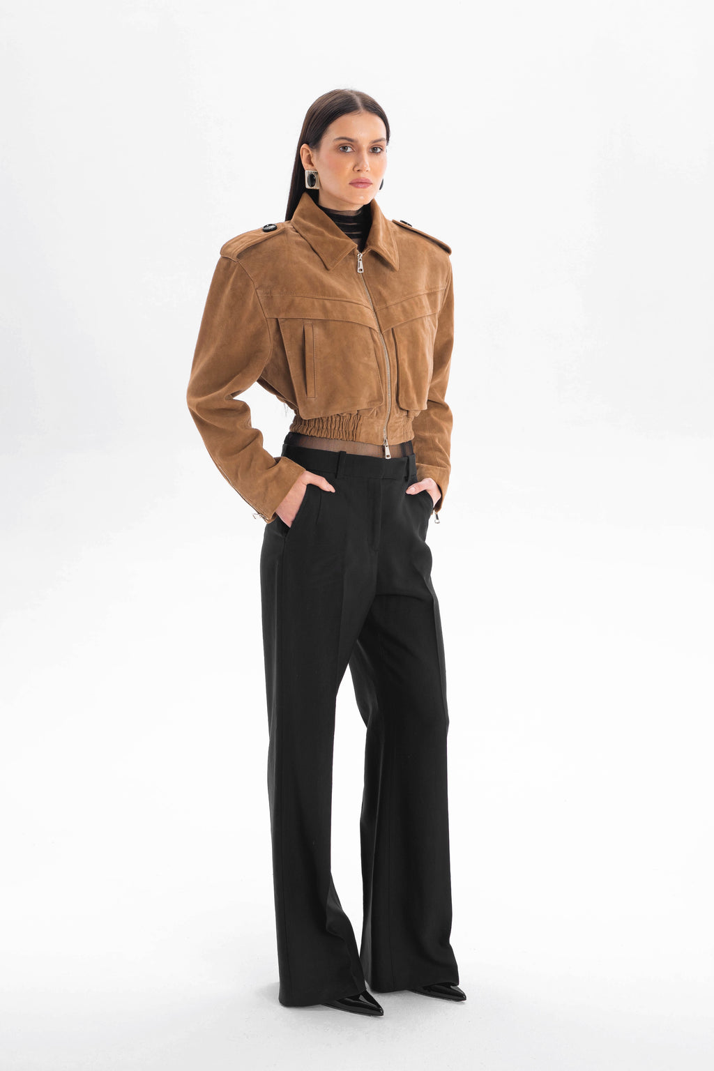 JOIE cropped bomber jacket in mocha mousse suede