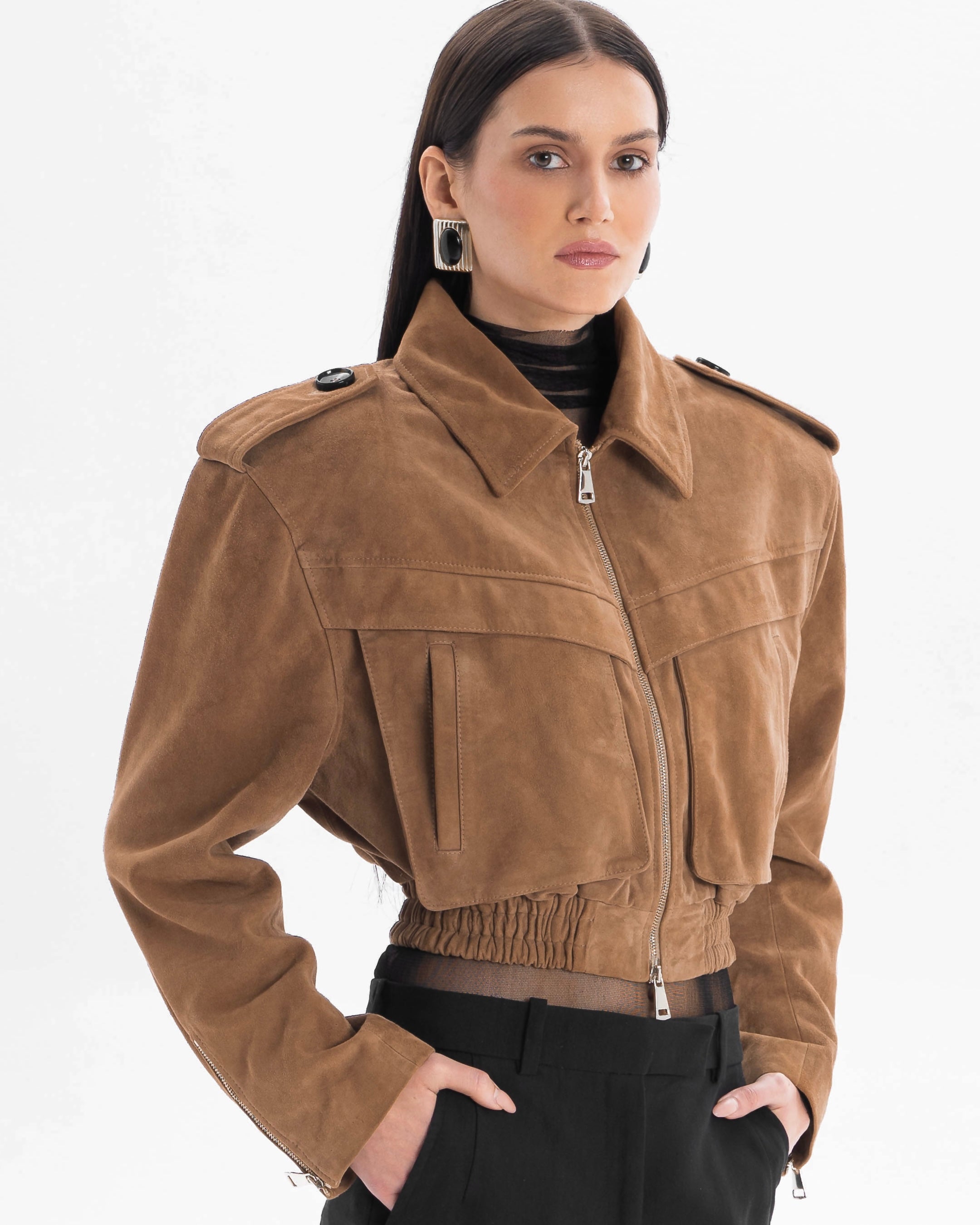 JOIE cropped bomber jacket in mocha mousse suede