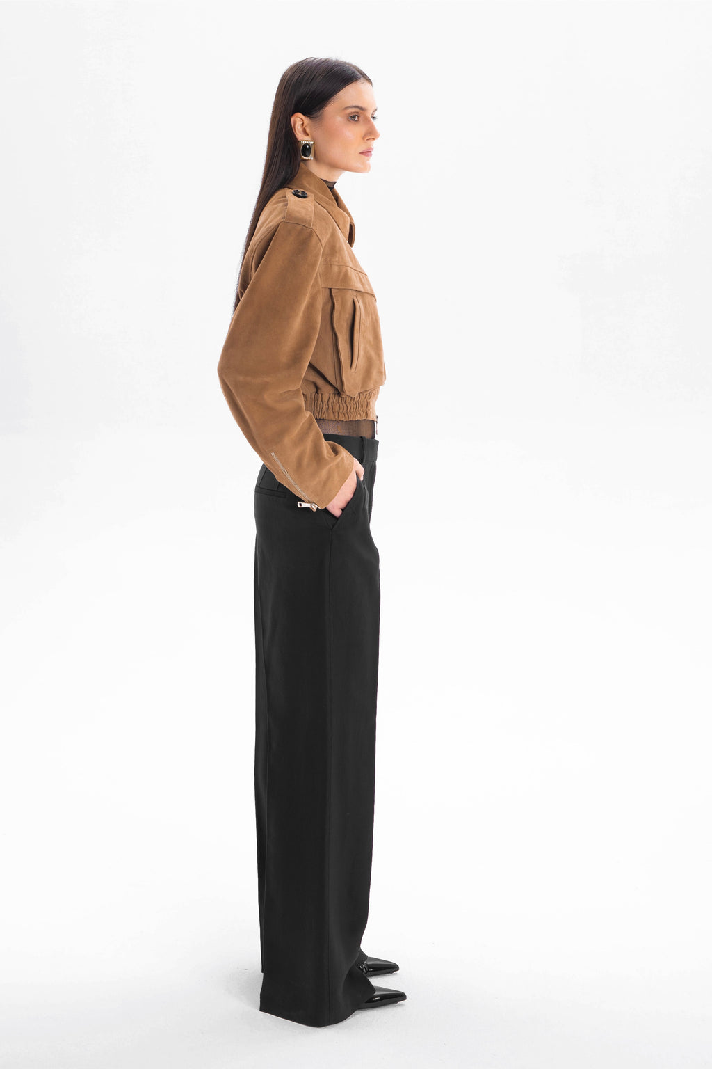 JOIE cropped bomber jacket in mocha mousse suede
