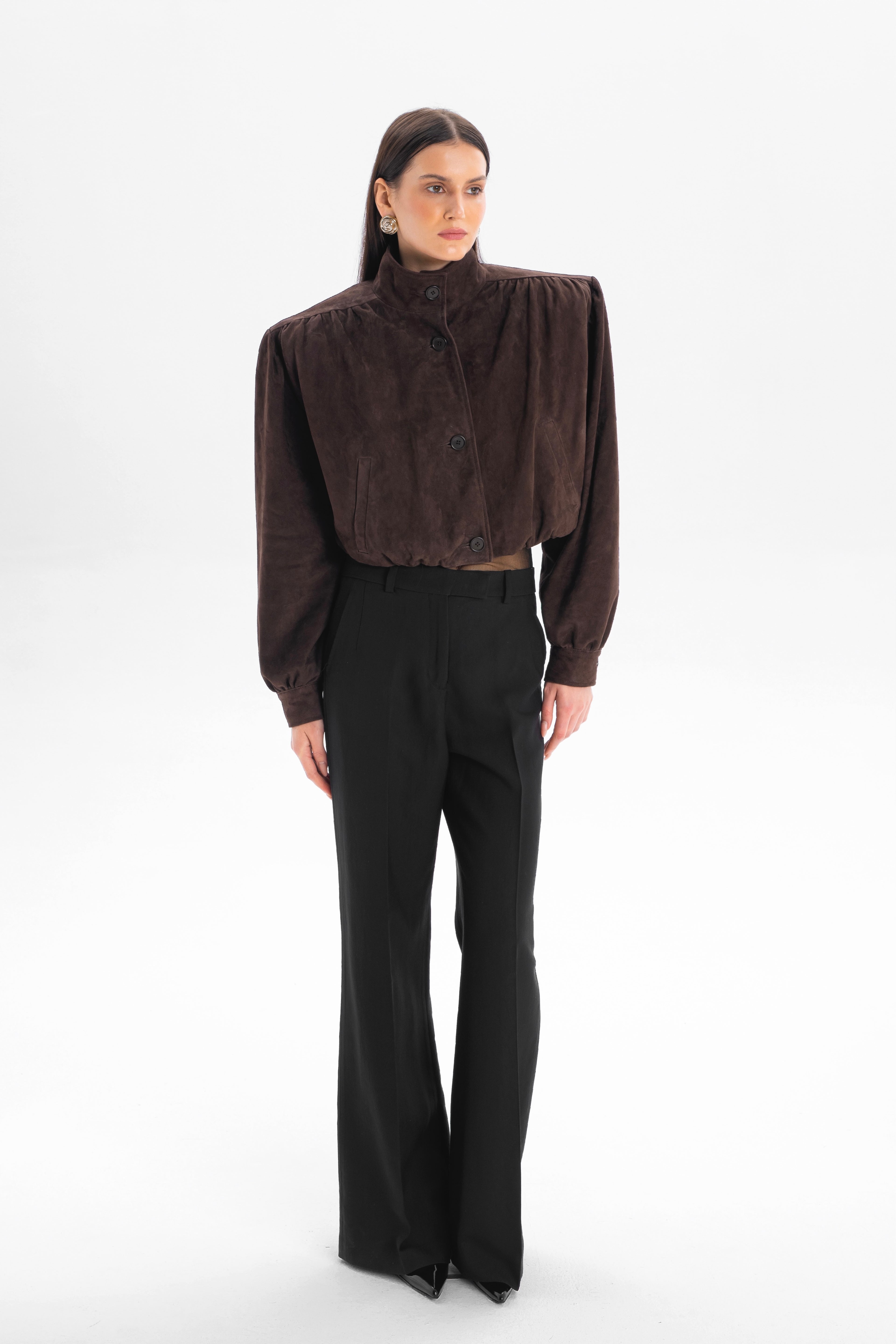 ENCHANTÉ retro cropped jacket in chocolate brown suede