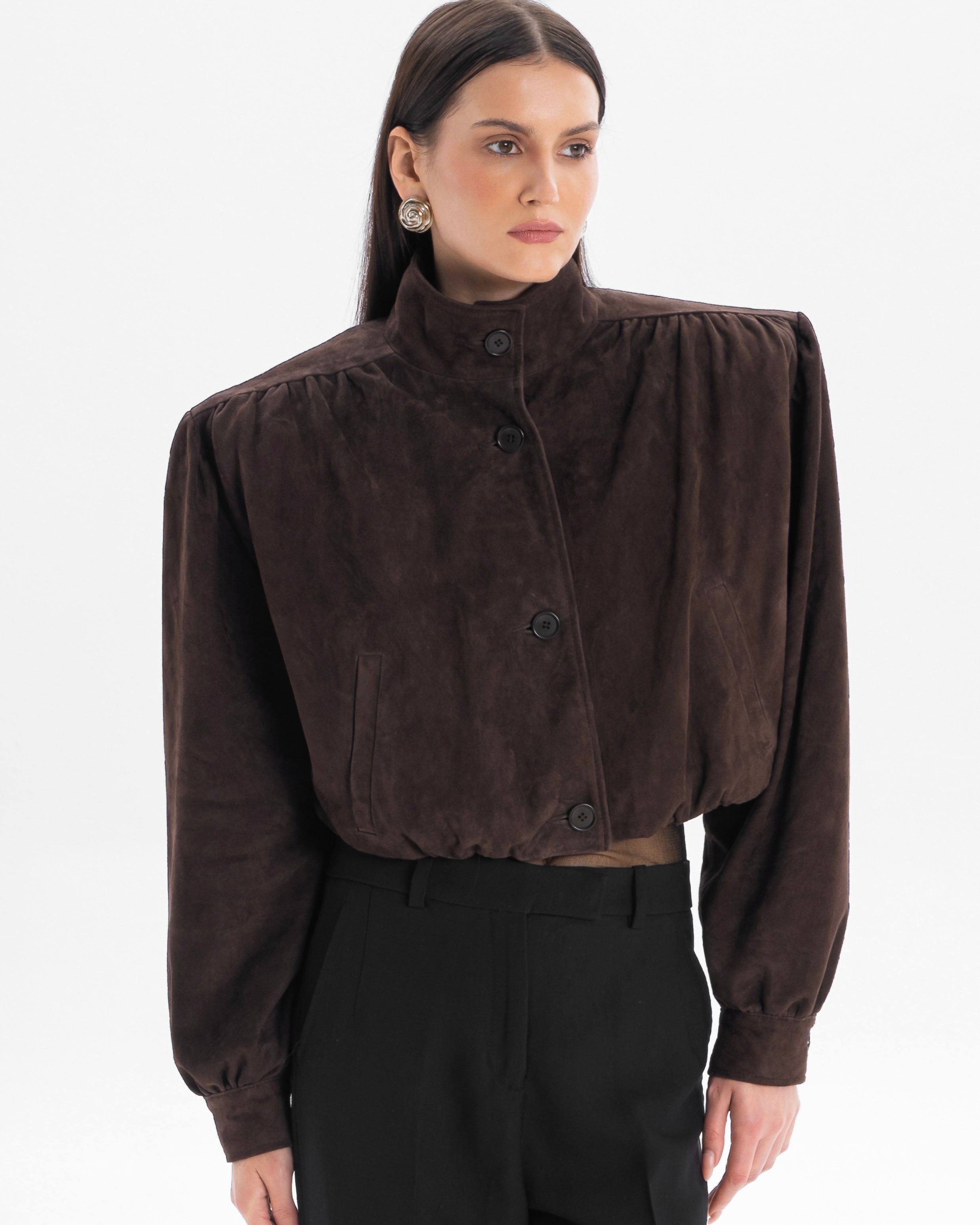 ENCHANTÉ retro cropped jacket in chocolate brown suede