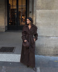 SENSUALITÉ full lenght belted coat in dark brown suede