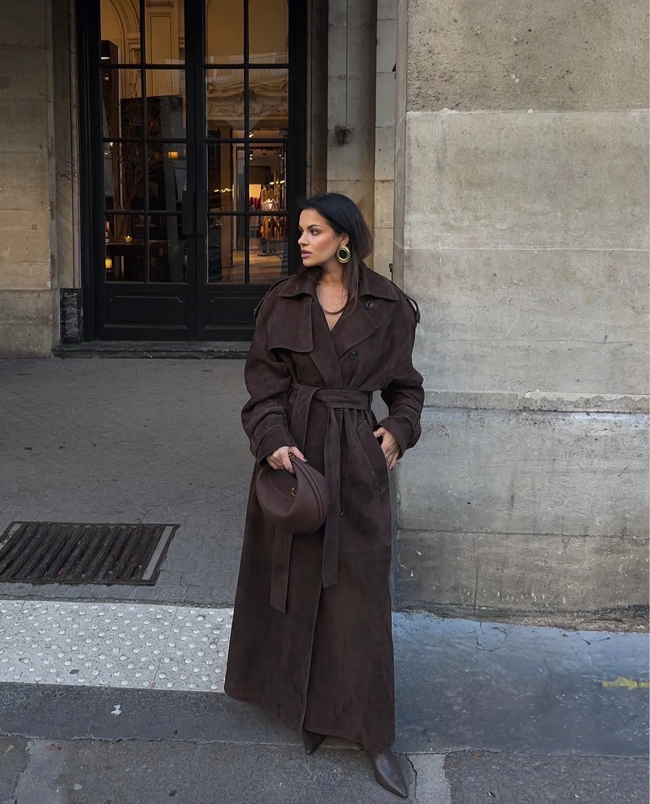 SENSUALITÉ full lenght belted coat in dark brown suede