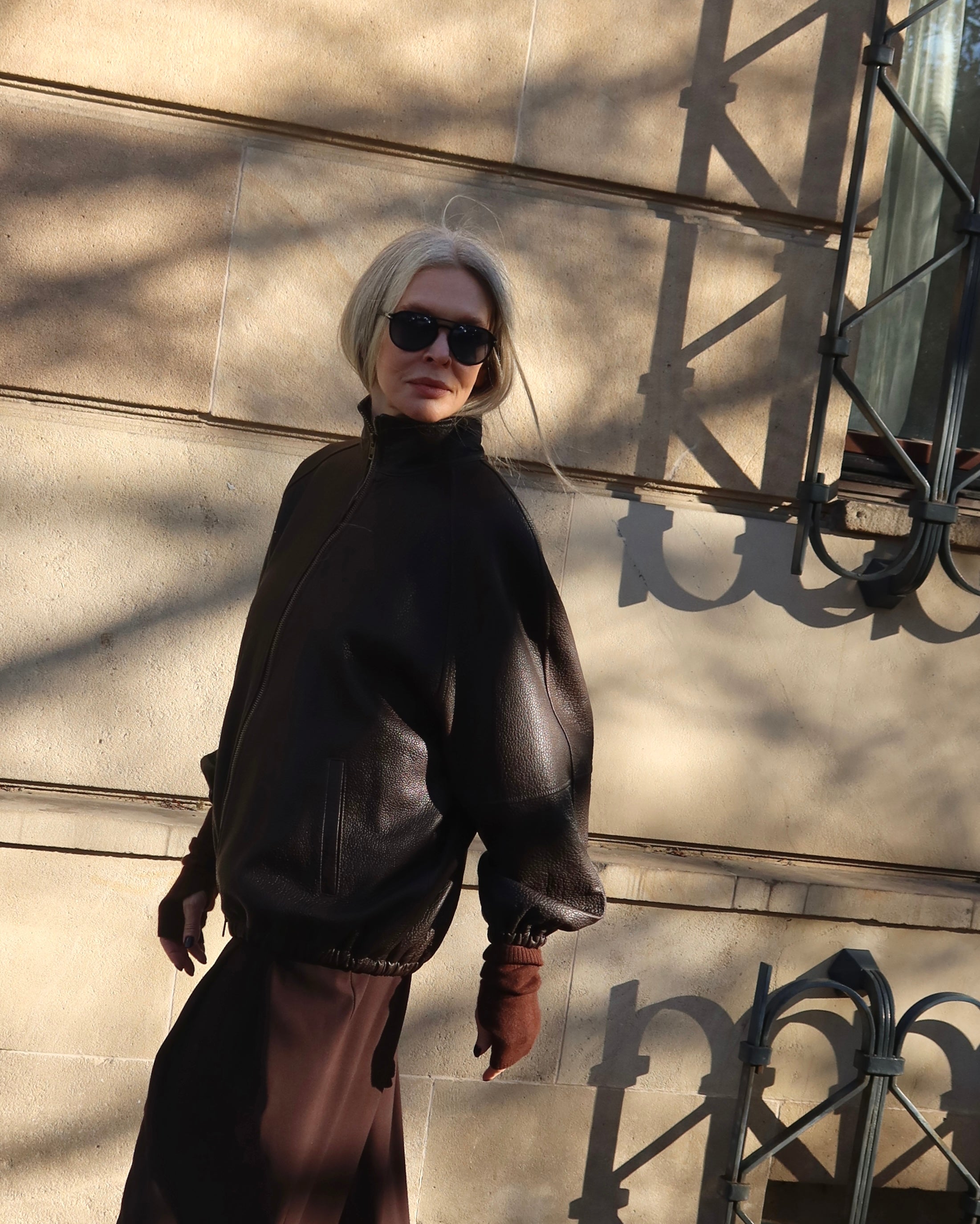 CALME oversized bomber jacket with collar in chocolate texture leather