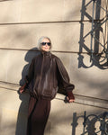 CALME oversized bomber jacket with collar in chocolate texture leather