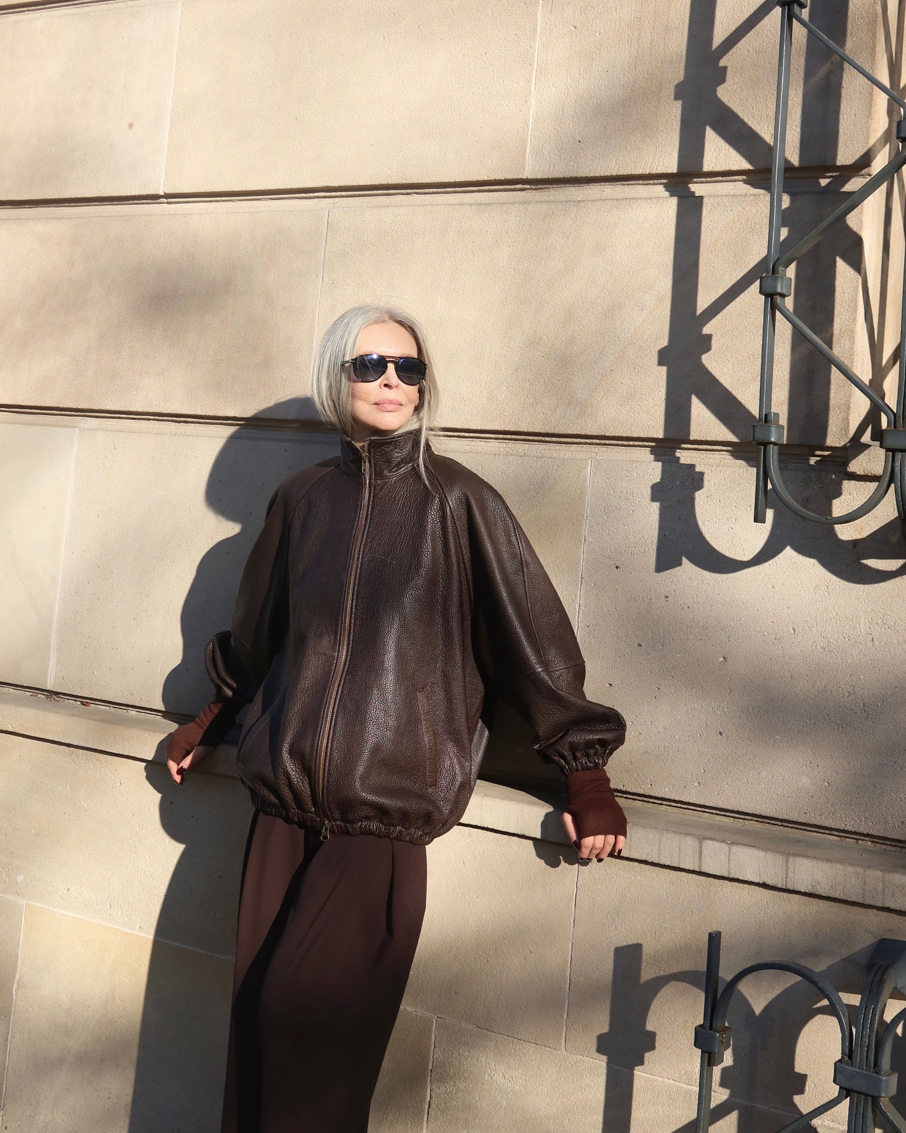 CALME oversized bomber jacket with collar in chocolate texture leather
