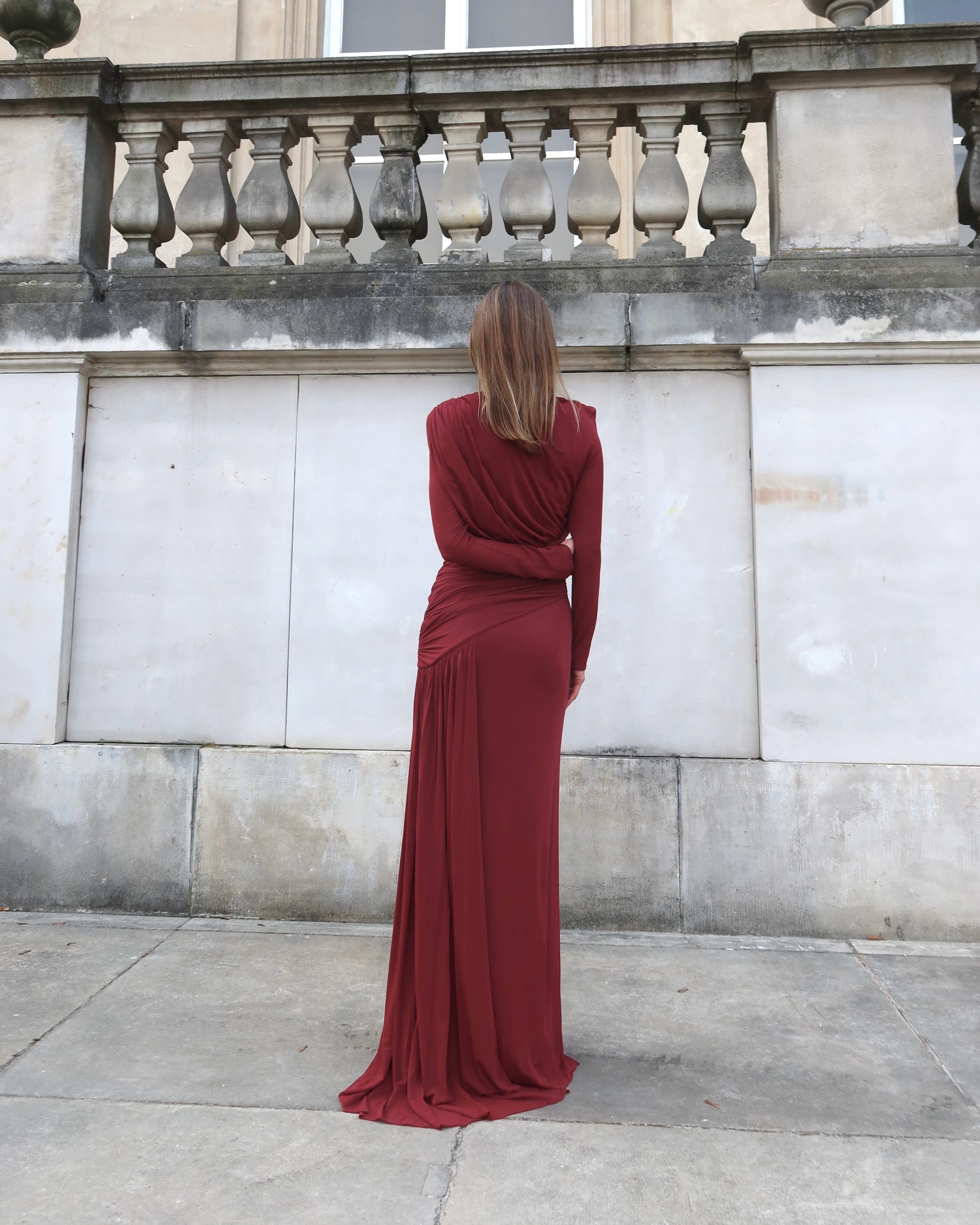 EBLOUIE draped gown with waist sash In red cupro