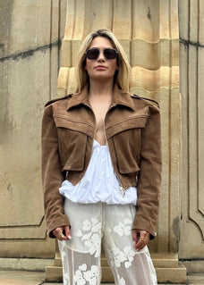 JOIE cropped bomber jacket in mocha mousse suede