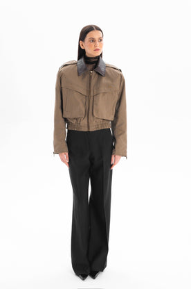 JOIE cropped bomber trench jacket with brown leather collar