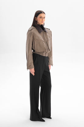 JOIE cropped bomber trench jacket with brown leather collar