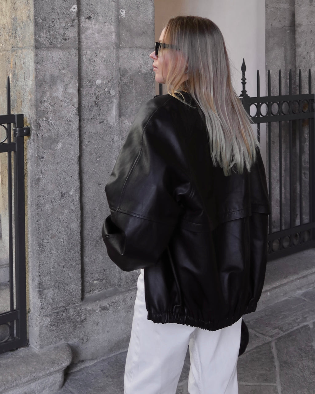 CALME oversized bomber jacket with collar in black leather