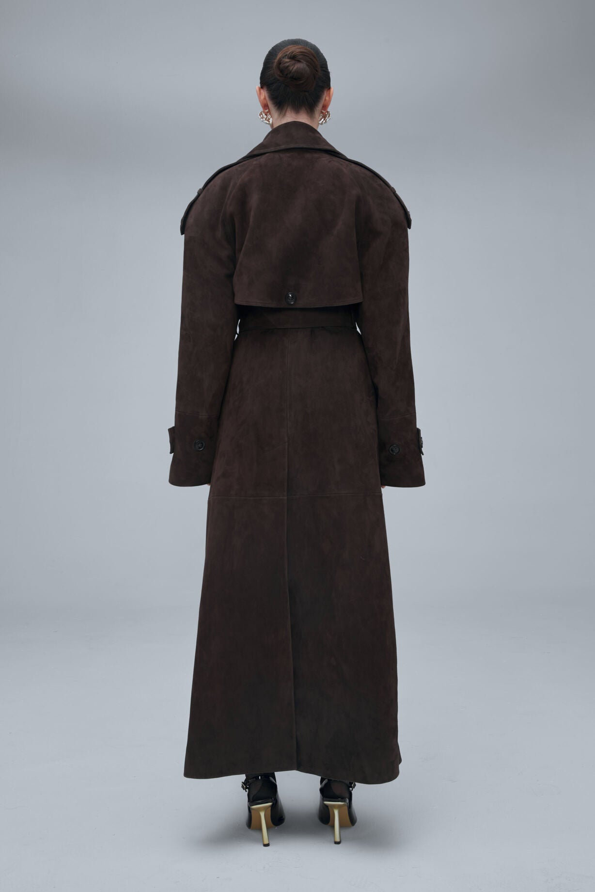 SENSUALITÉ full lenght belted coat in dark brown suede