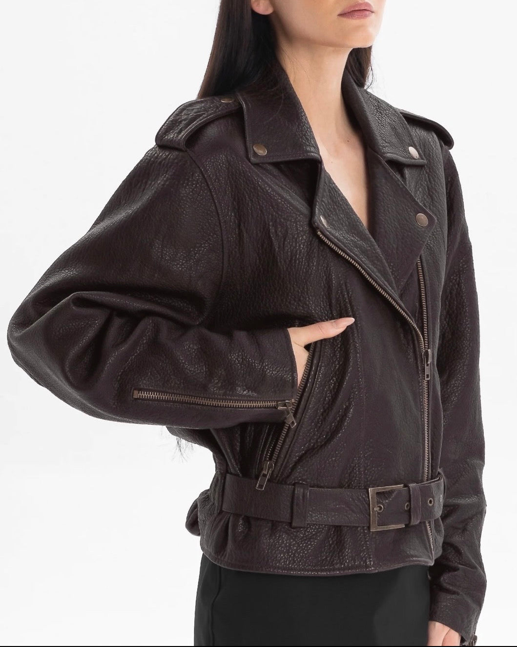 LIBERTE retro waisted biker jacket in chocolate texture leather