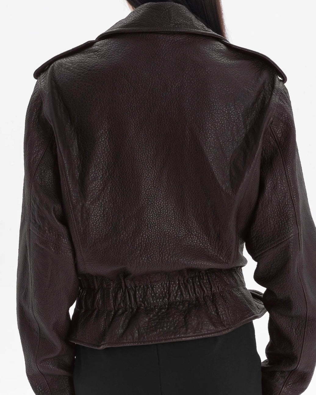 LIBERTE retro waisted biker jacket in chocolate texture leather