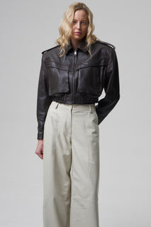 JOIE cropped bomber jacket in brown leather