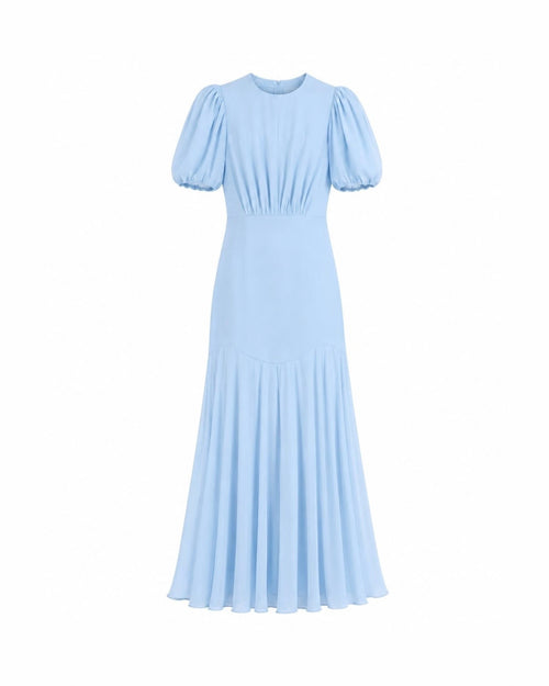 DELICATESSE puff sleeve maxi dress in baby blue silk