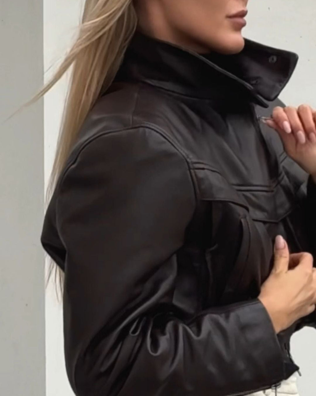 TRANQUILLITÉ cropped bomber jacket in dark chocolate leather