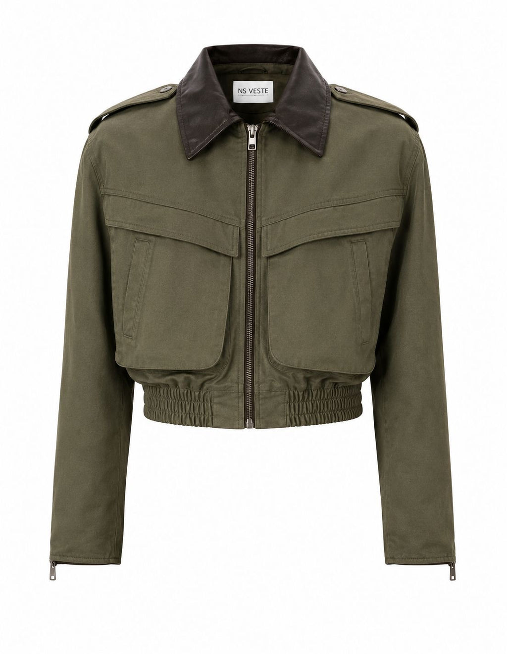 JOIE cropped bomber trench jacket in olive with brown leather collar