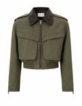 JOIE cropped bomber trench jacket in olive with brown leather collar