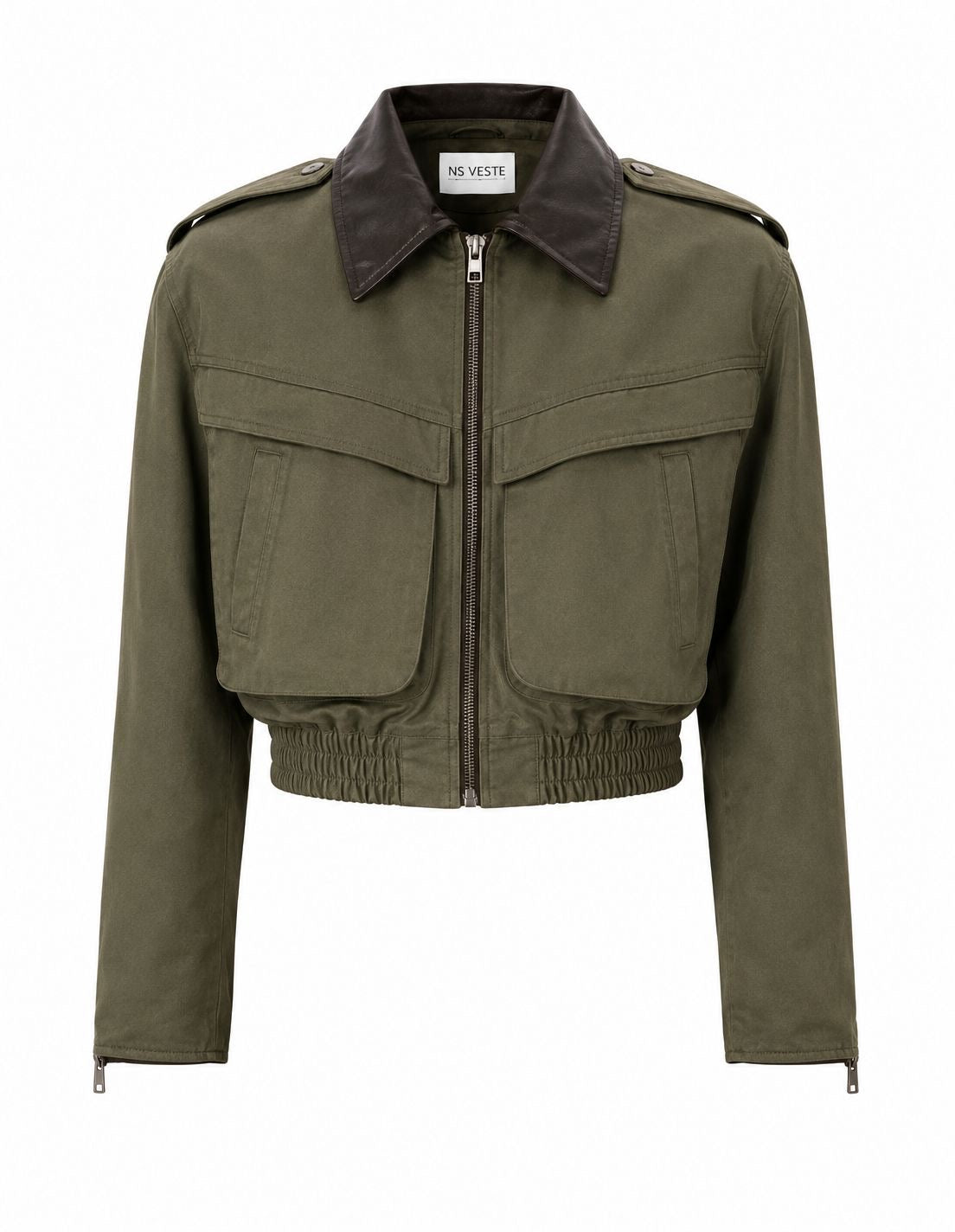 JOIE cropped bomber trench jacket in olive with brown leather collar