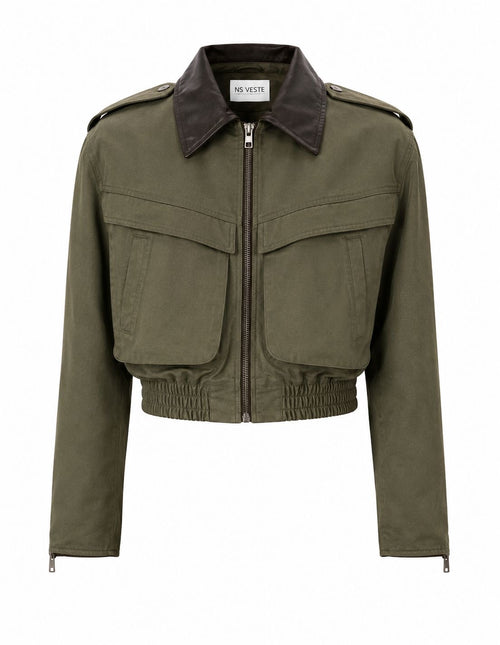 JOIE cropped bomber trench jacket in olive with brown leather collar