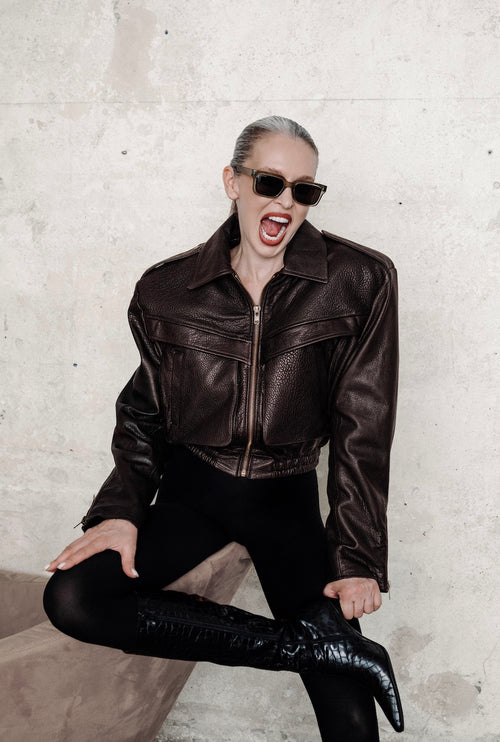 JOIE cropped bomber jacket in chocolate texture leather