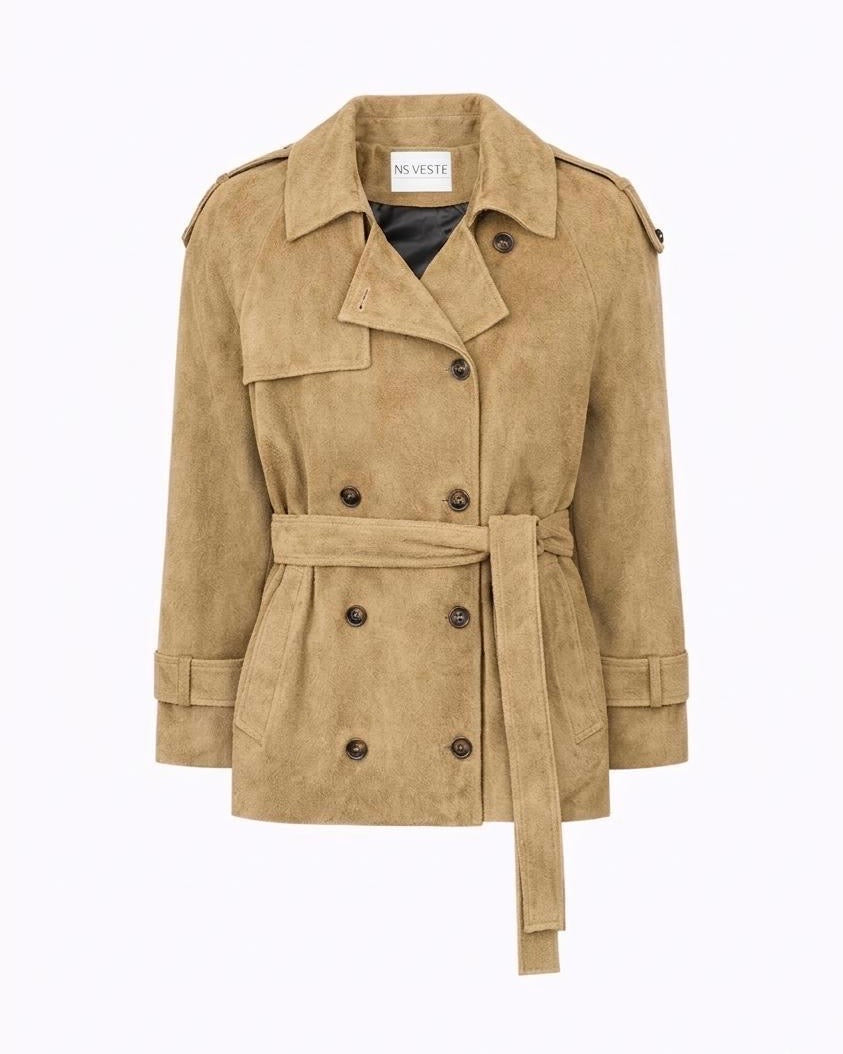 BONHEUR short belted jacket in beige suede