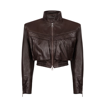 TRANQUILLITÉ cropped bomber jacket in dark chocolate leather