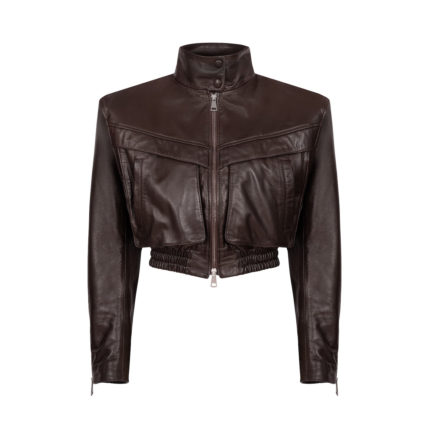 TRANQUILLITÉ cropped bomber jacket in dark chocolate leather