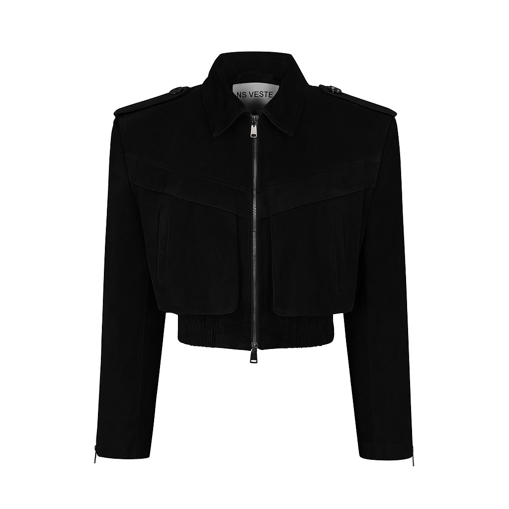 JOIE cropped bomber jacket in black suede