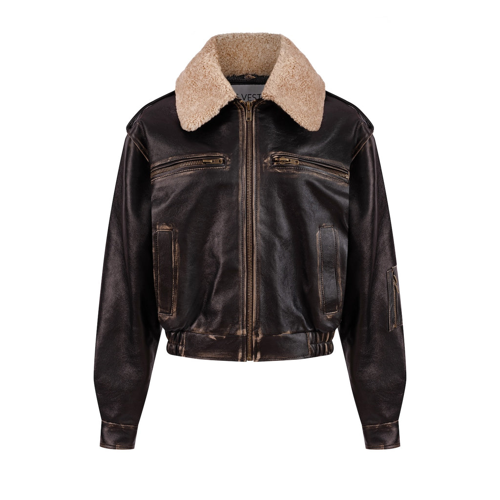 GAIETE fourrure bomber jacket in aged leather with beige collar