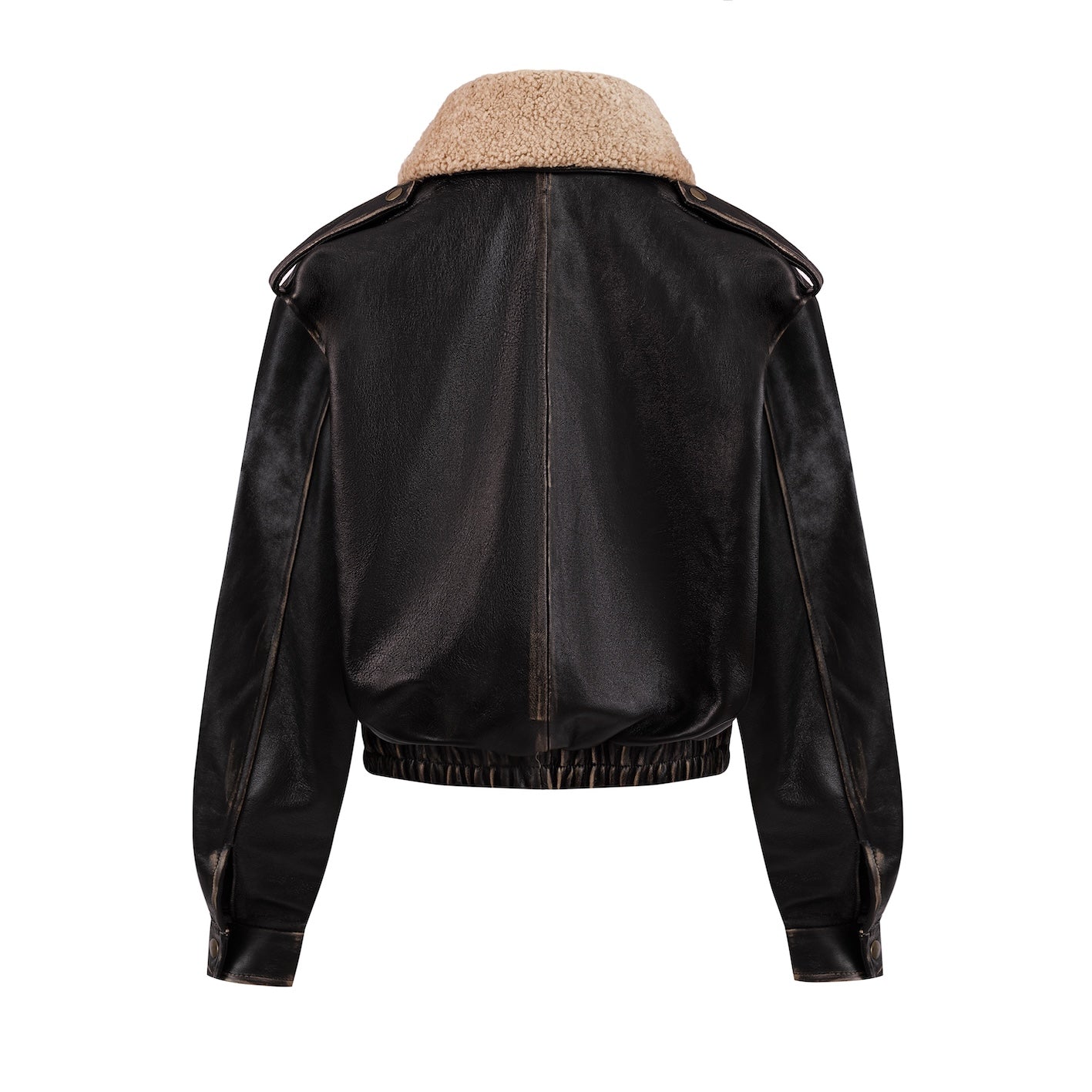 GAIETE fourrure bomber jacket in aged leather with beige collar