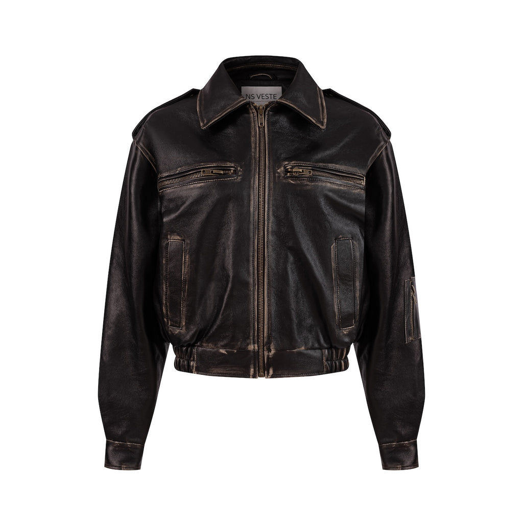 GAIETE fourrure bomber jacket in aged leather with beige collar