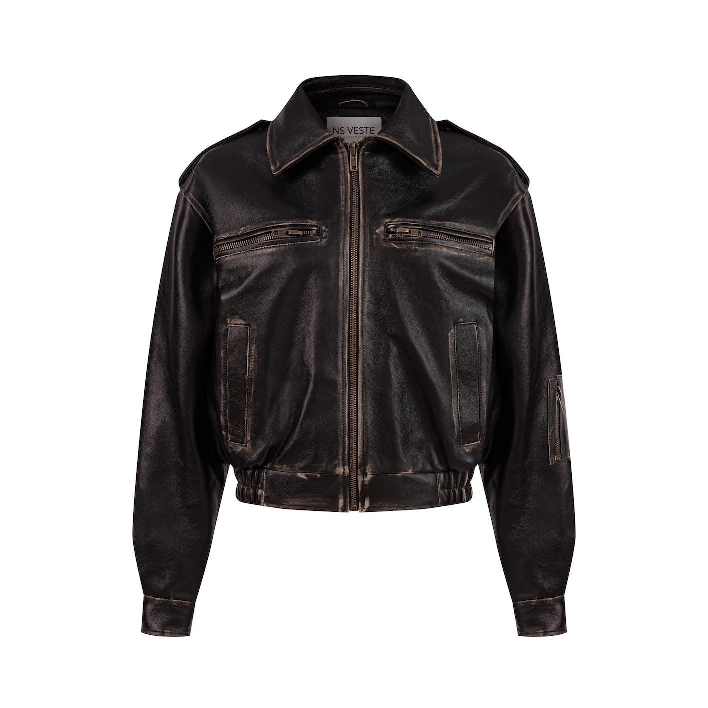 GAIETE fourrure bomber jacket in aged leather with beige collar