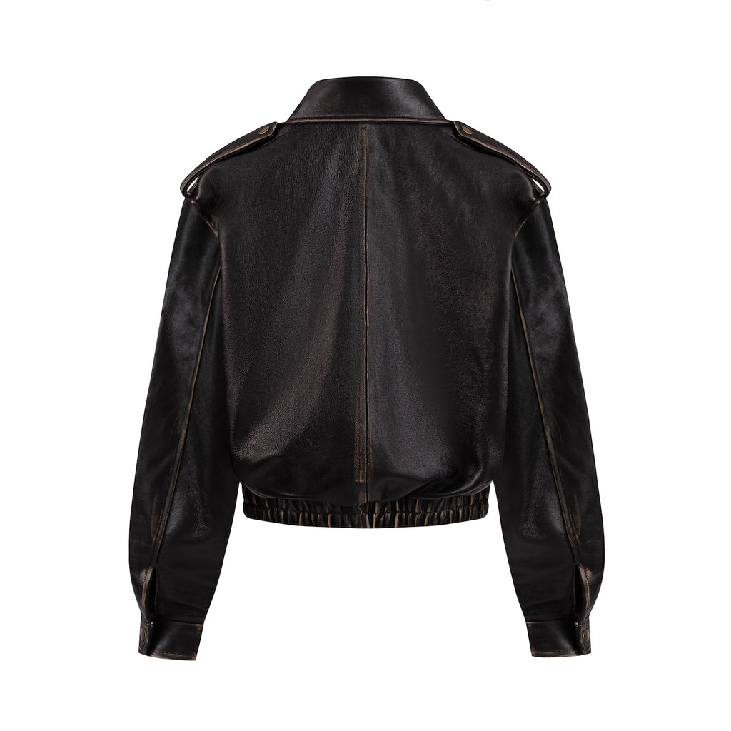 GAIETE fourrure bomber jacket in aged leather with beige collar
