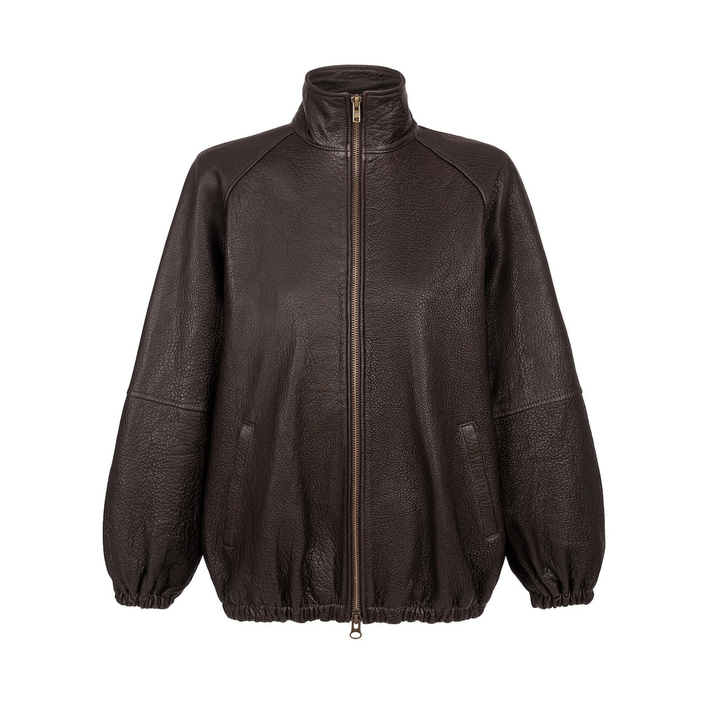 CALME oversized bomber jacket with collar in chocolate texture leather