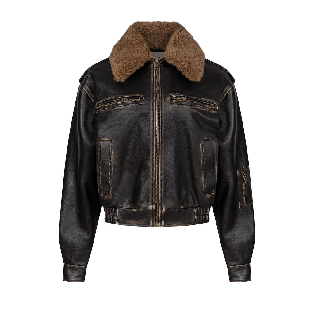 GAIETE fourrure bomber jacket in aged leather with rousse collar